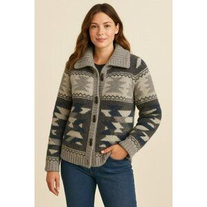 Eddie Bauer Cardigan Sweater L Lambswool Cashmere Aztec Toggle Chunky MSRP $